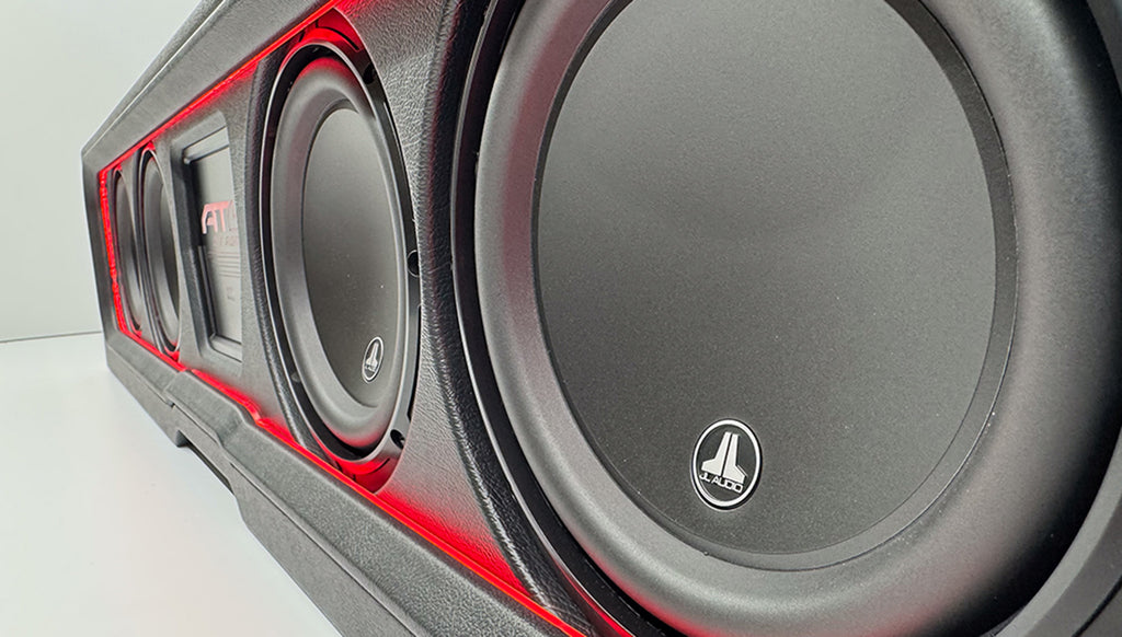 Flagship Underseat Four 8-inch JL Audio 8W3V3 Subwoofer Enclosure with Loaded Amplifier Rack for 2019-2025 GM Crew Cab Trucks with Bose
